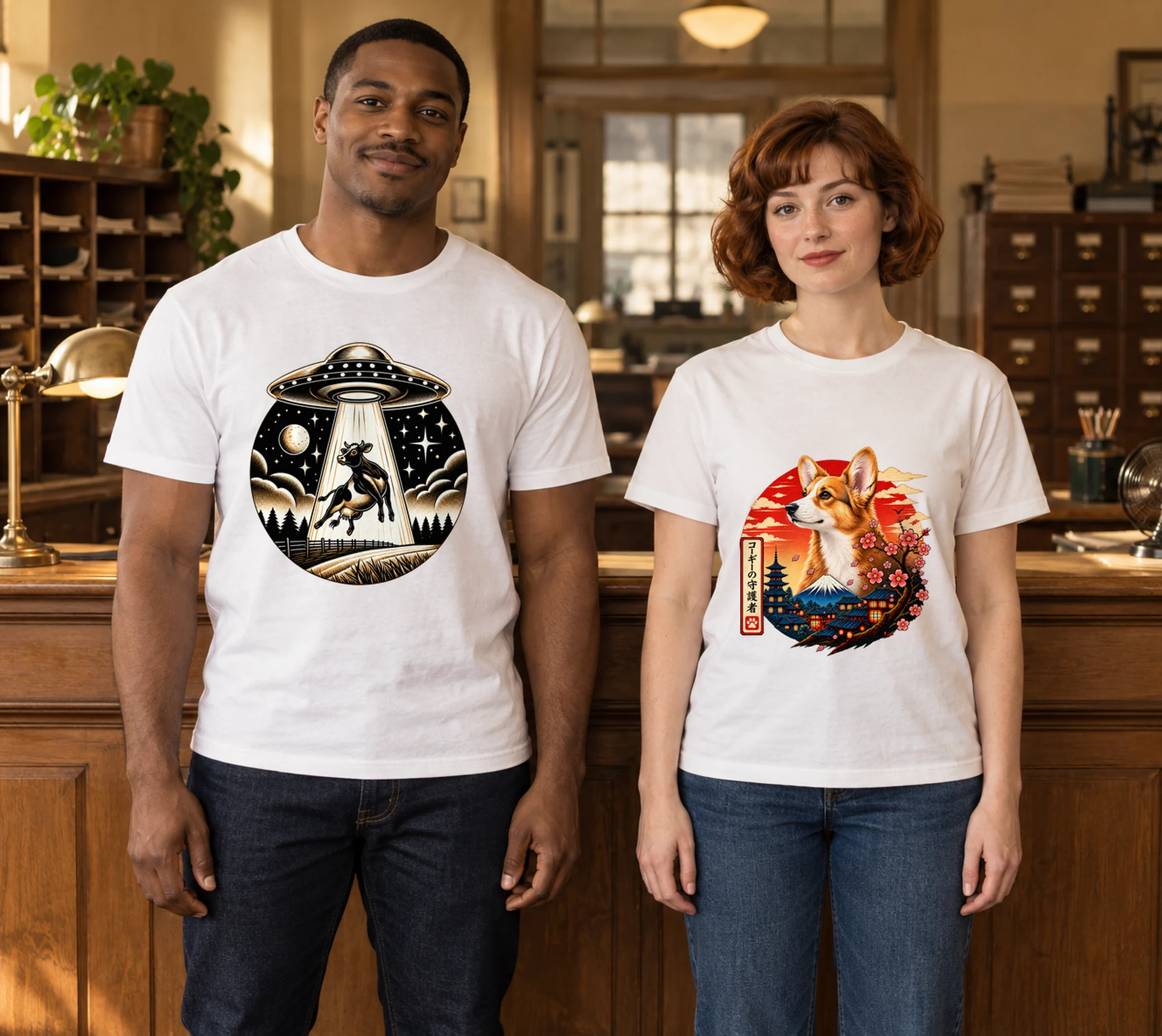 A man and a woman at a records reception counter, each wearing a plain white T-shirt with original artwork