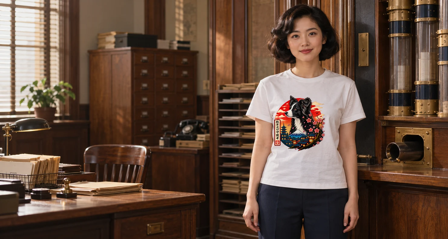 Woman in a white Oddity Dept tee with an ukiyo-e style guardian dog design, in a vintage records office