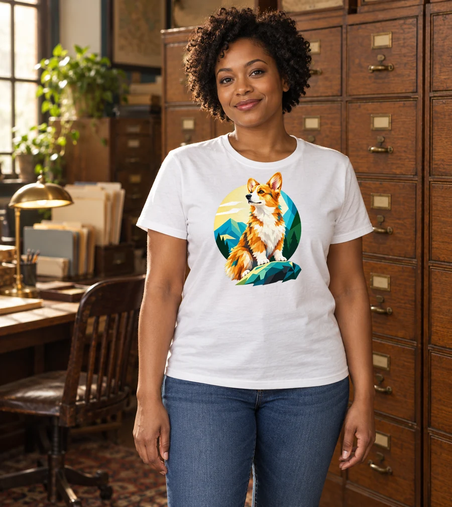 Woman in a records office wearing a white T-shirt printed with a geometric corgi sitting on a mountain