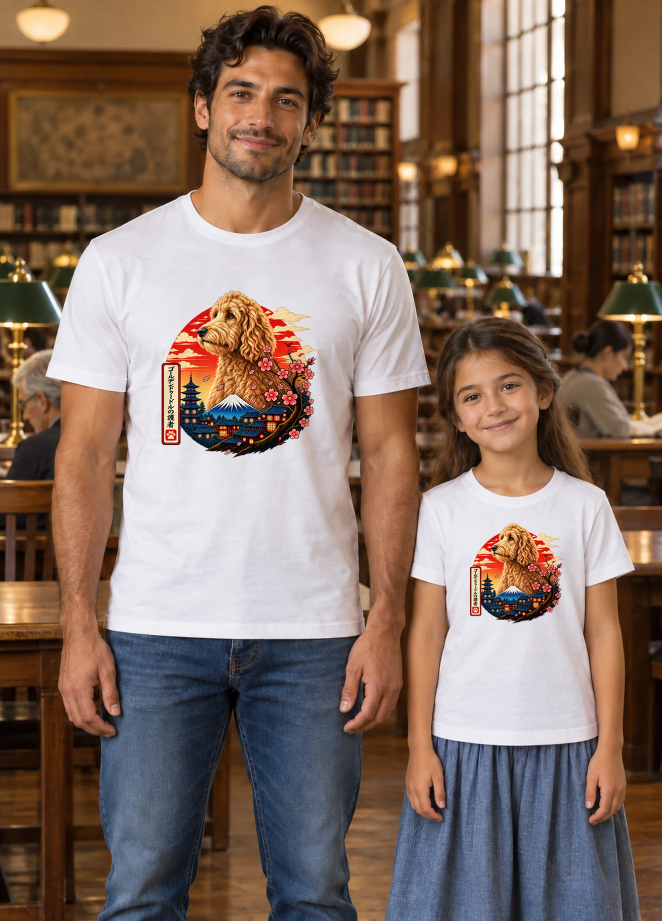 A man and a girl in plain white T-shirts, both printed with a golden doodle guardian illustration, in a vintage reading room