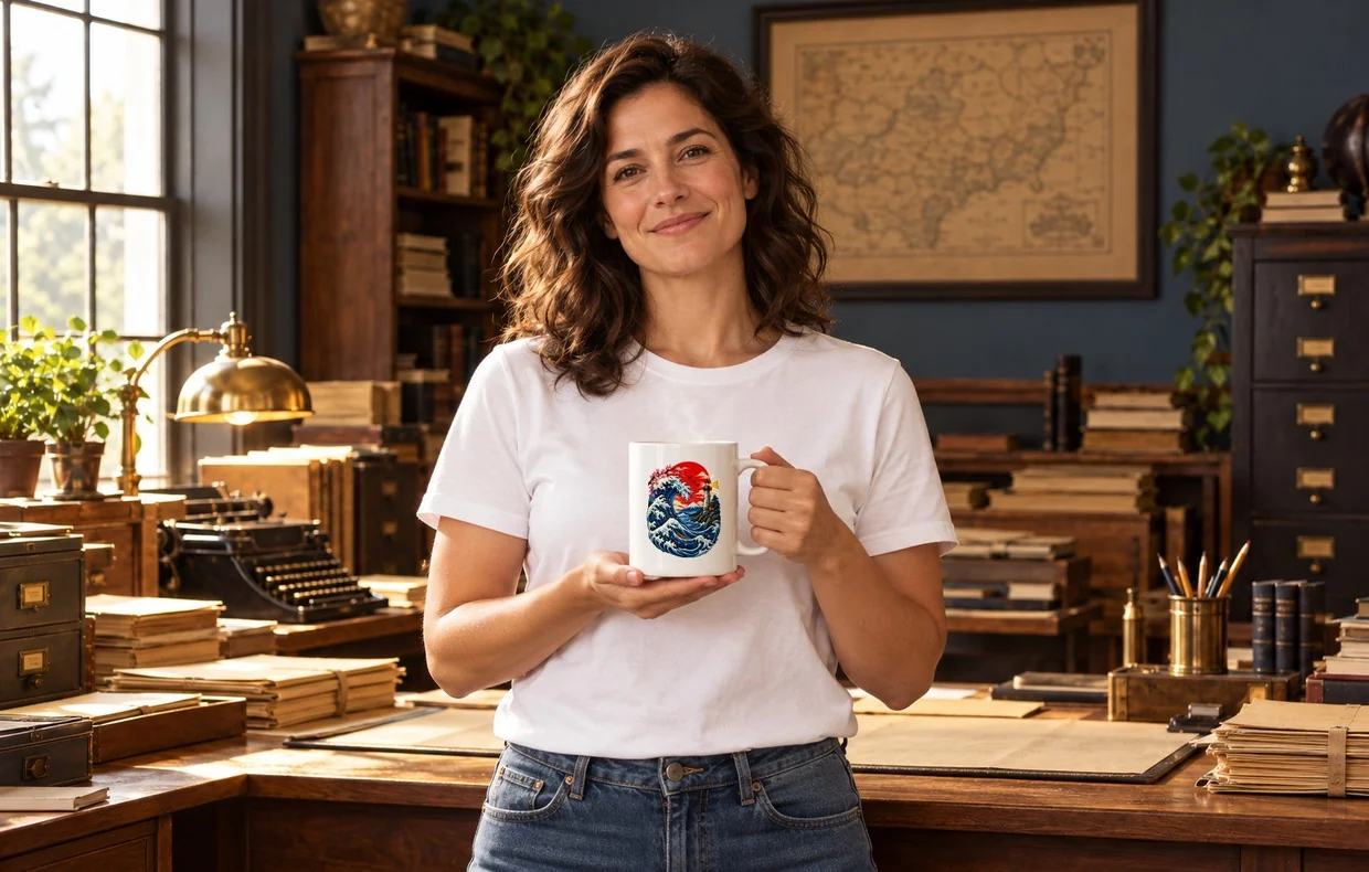 Bureau of Caffeinated Affairs field photograph: a woman in an archive office holding a Great Wave Lighthouse coffee mug