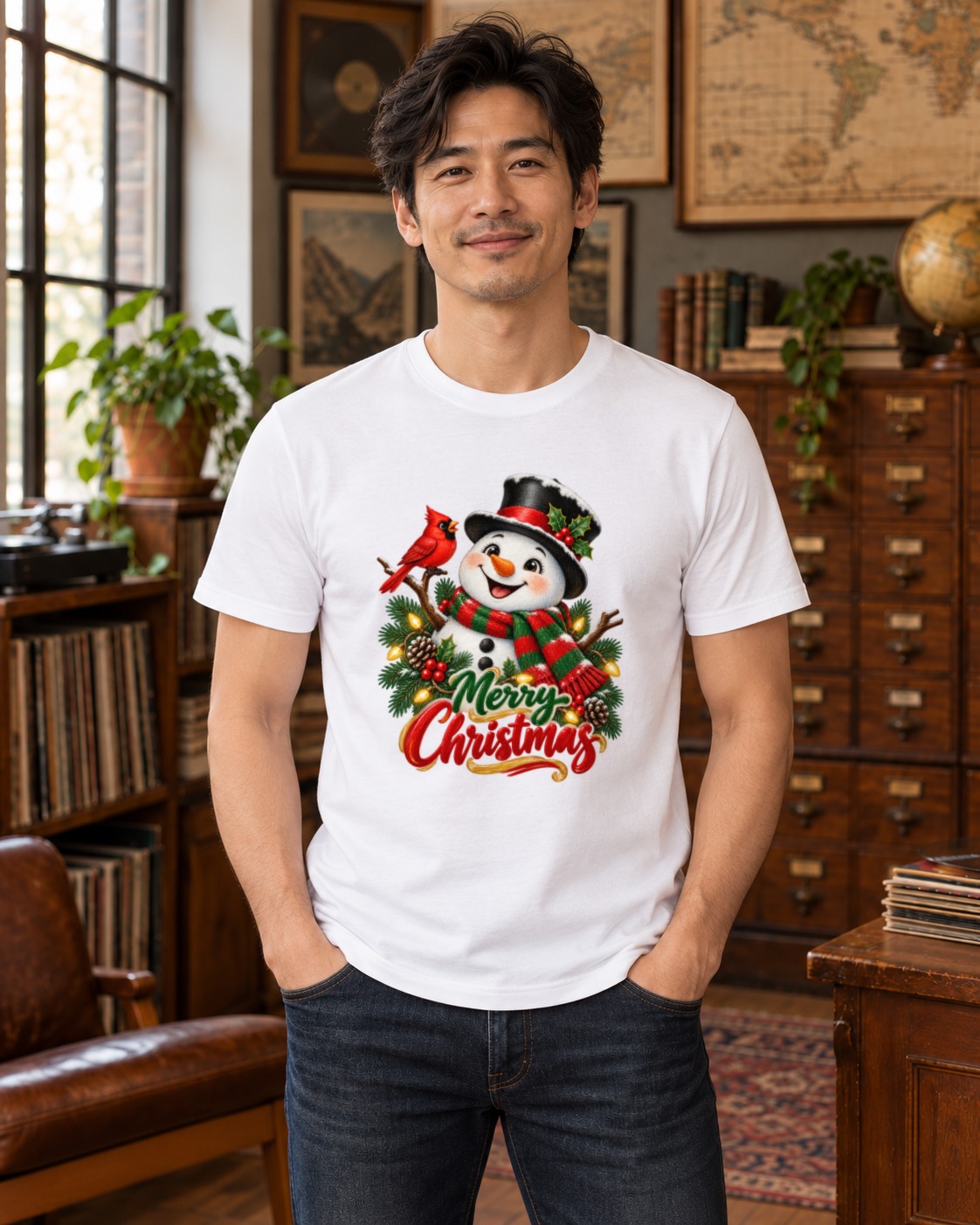 Adult model wearing the Cheerful Snowman Christmas Wreath T-Shirt