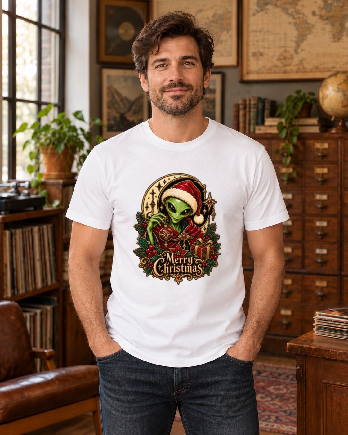 Adult model wearing the Gothic Alien Christmas Enamel Portrait T-Shirt