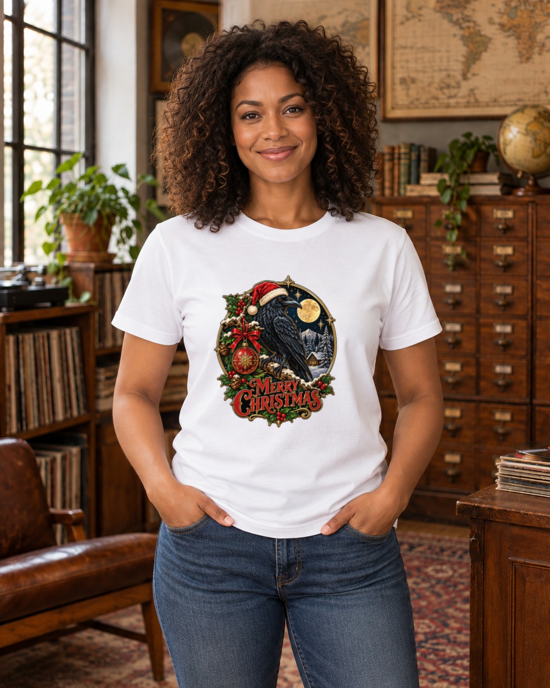 Adult model wearing the Gothic Christmas Raven Medallion T-Shirt