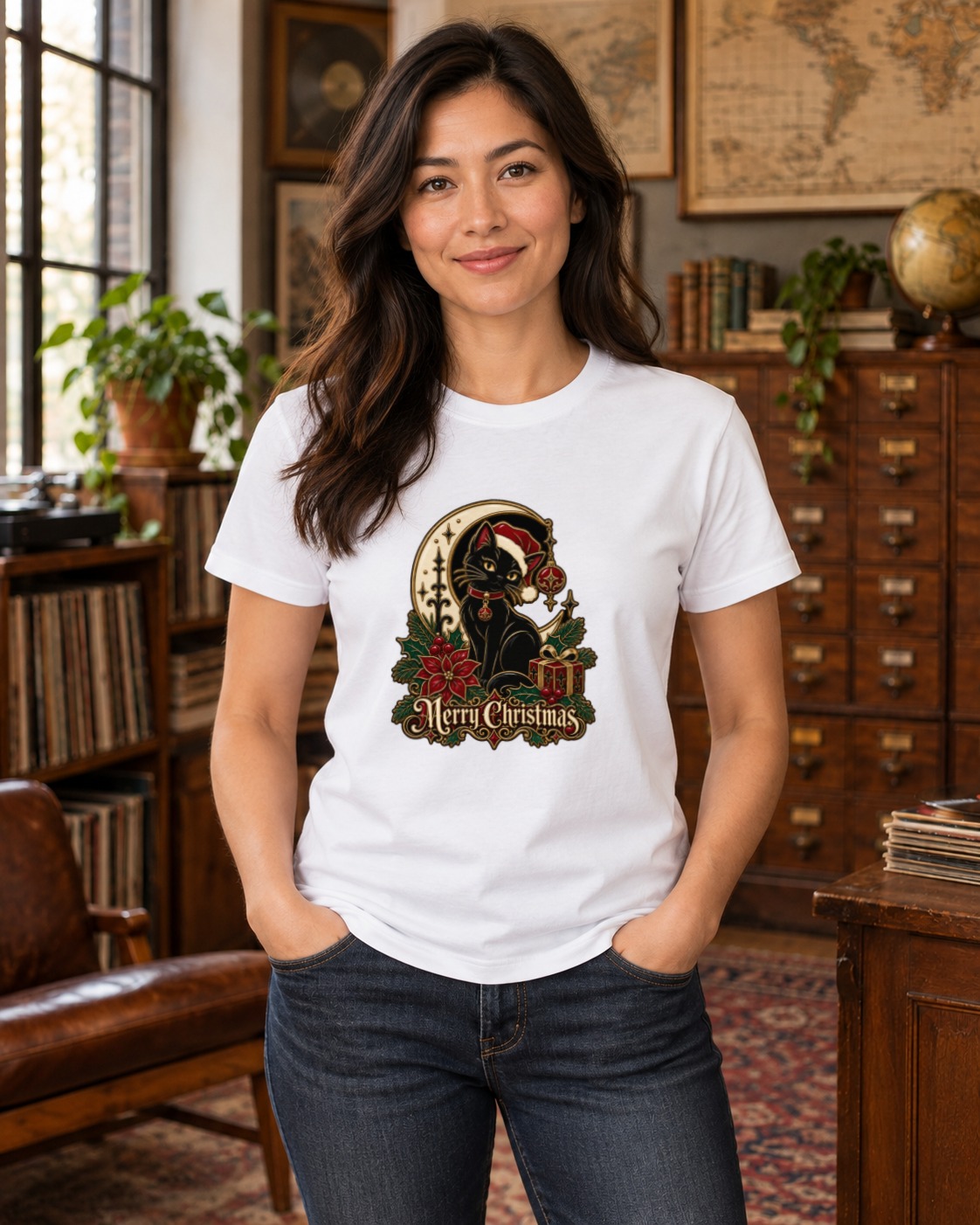 Adult model wearing the Merry Christmas Black Cat Enamel T-Shirt