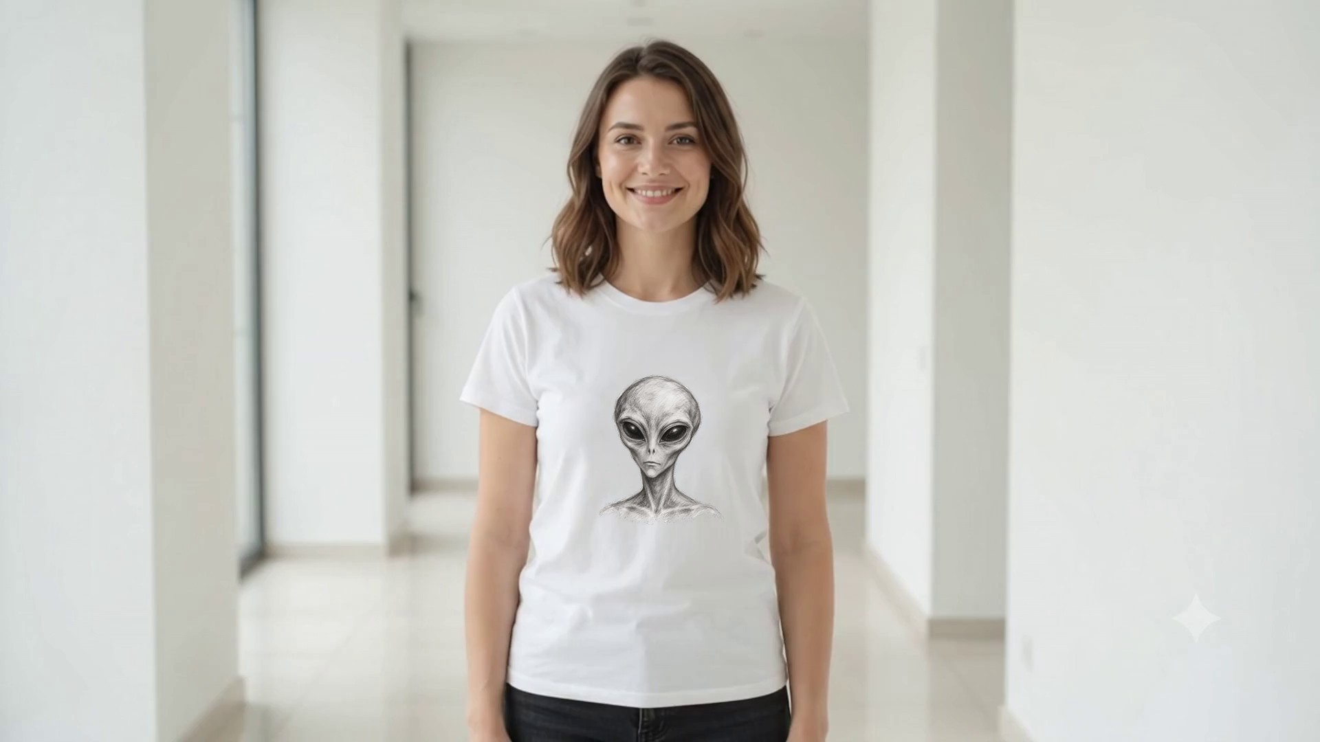 Model wearing the Alien Pencil Portrait T-Shirt