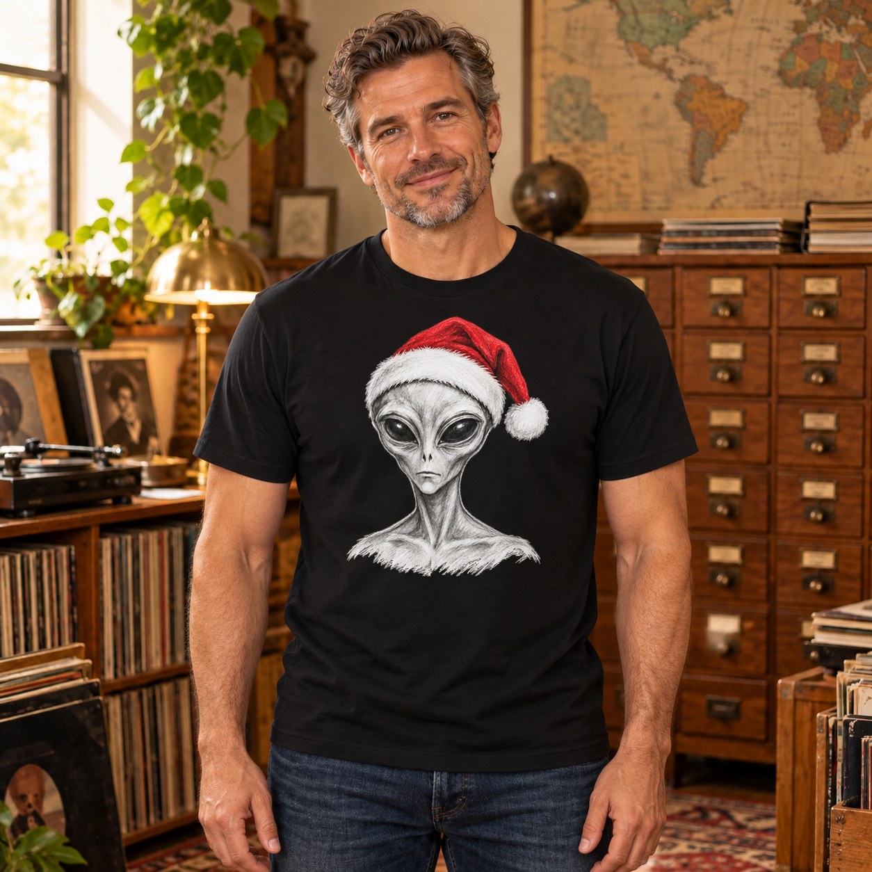 Adult model wearing the black Alien Santa Portrait T-Shirt