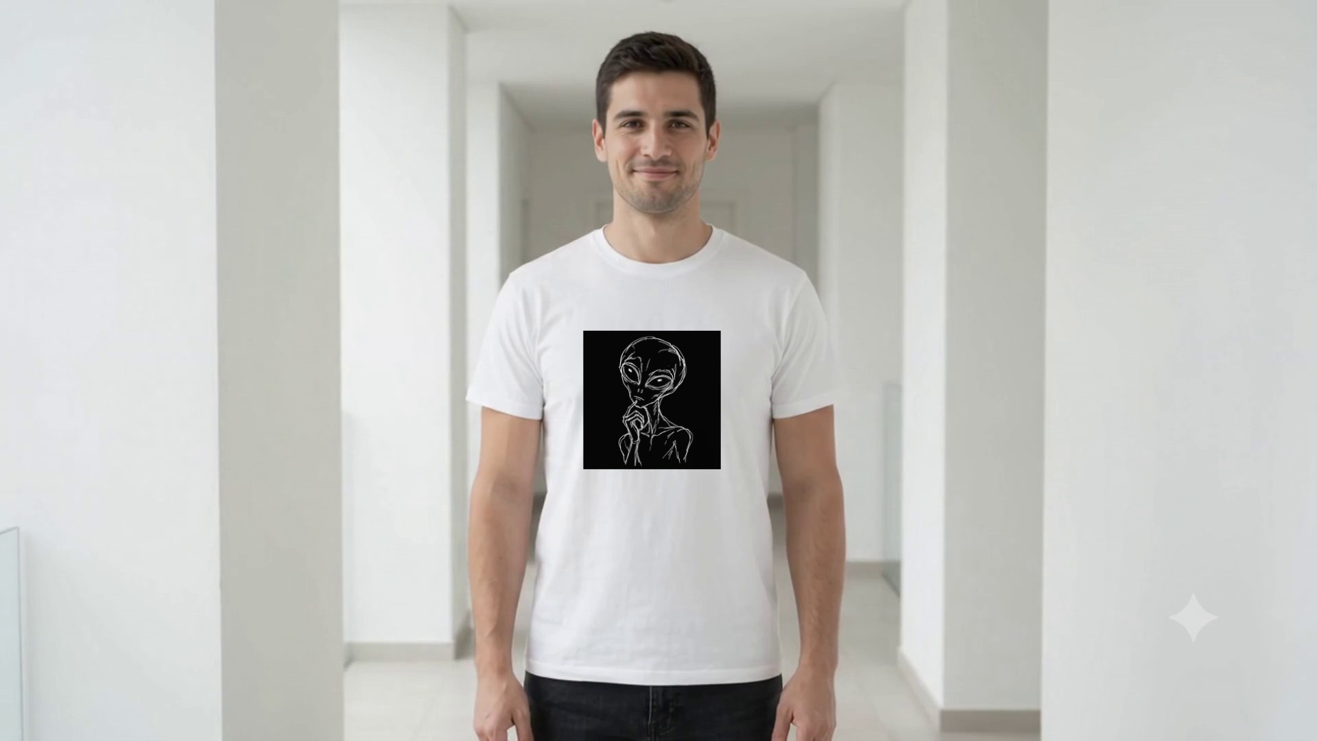 Model wearing the Alien Thinker Line Art T-Shirt