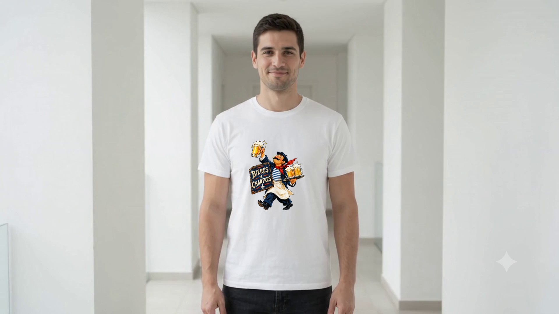 Model wearing the Bières de Chartres Signboard T-Shirt