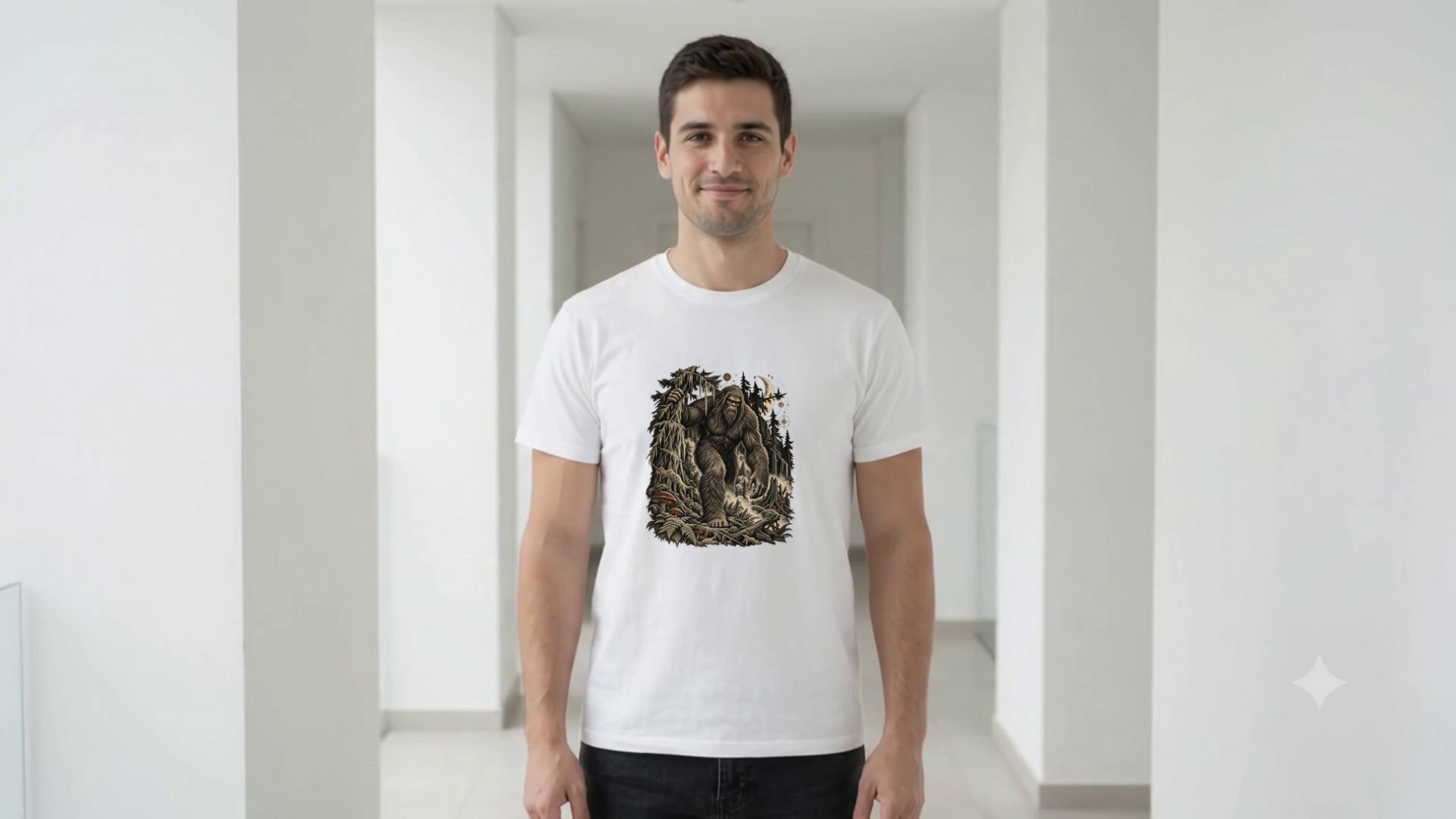 Model wearing the Bigfoot Forest Engraving T-Shirt