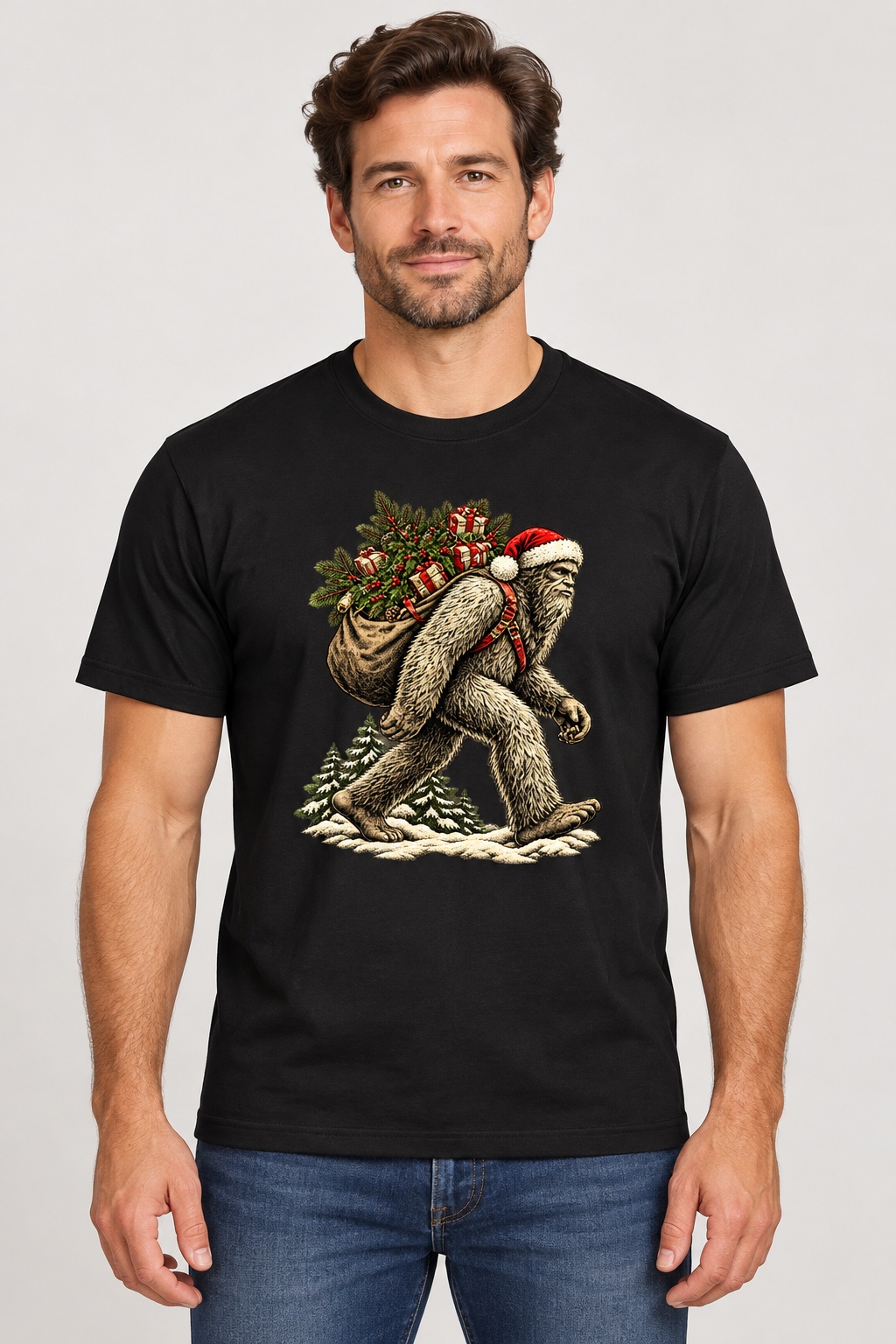 Adult model wearing the Bigfoot Santa Sack T-Shirt