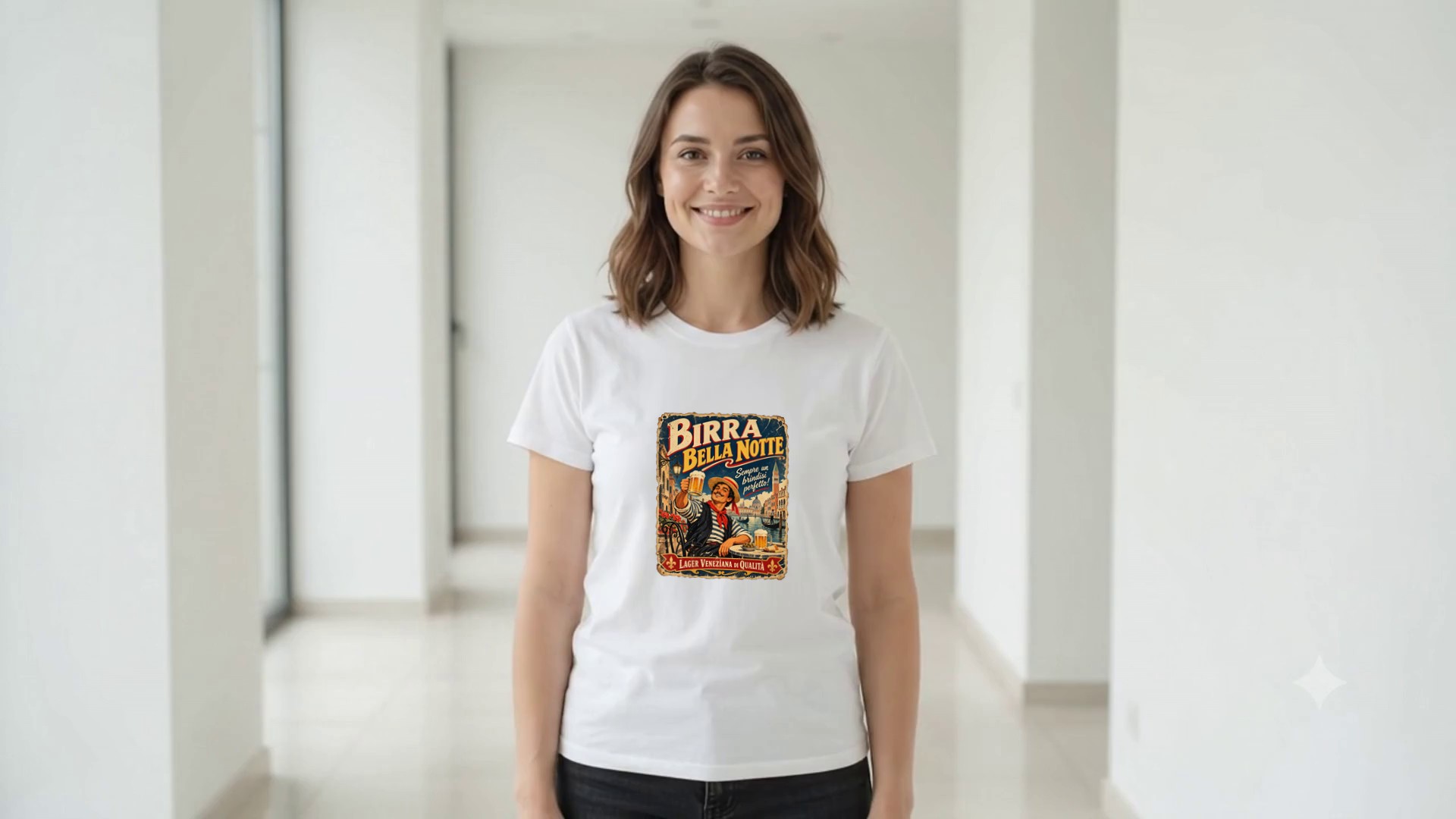 Model wearing the Birra Bella Notte T-Shirt