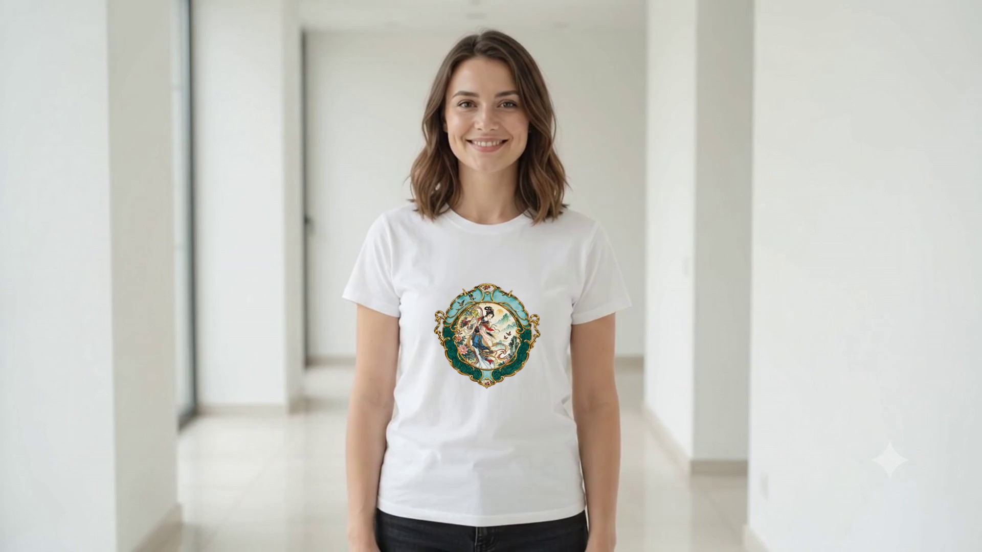 Model wearing the Celestial Maiden in Jade Frame T-Shirt
