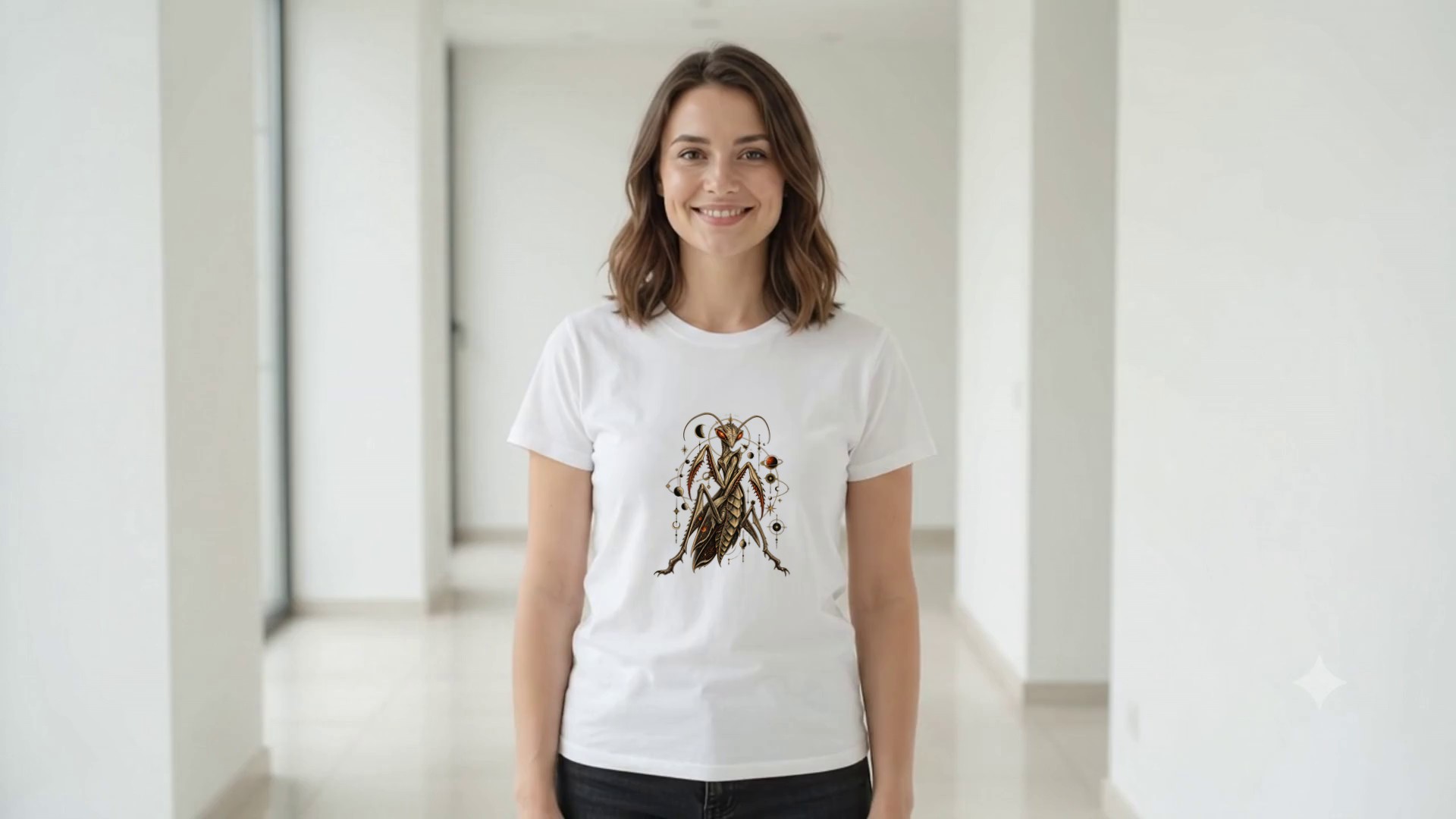 Model wearing the Celestial Mantis T-Shirt