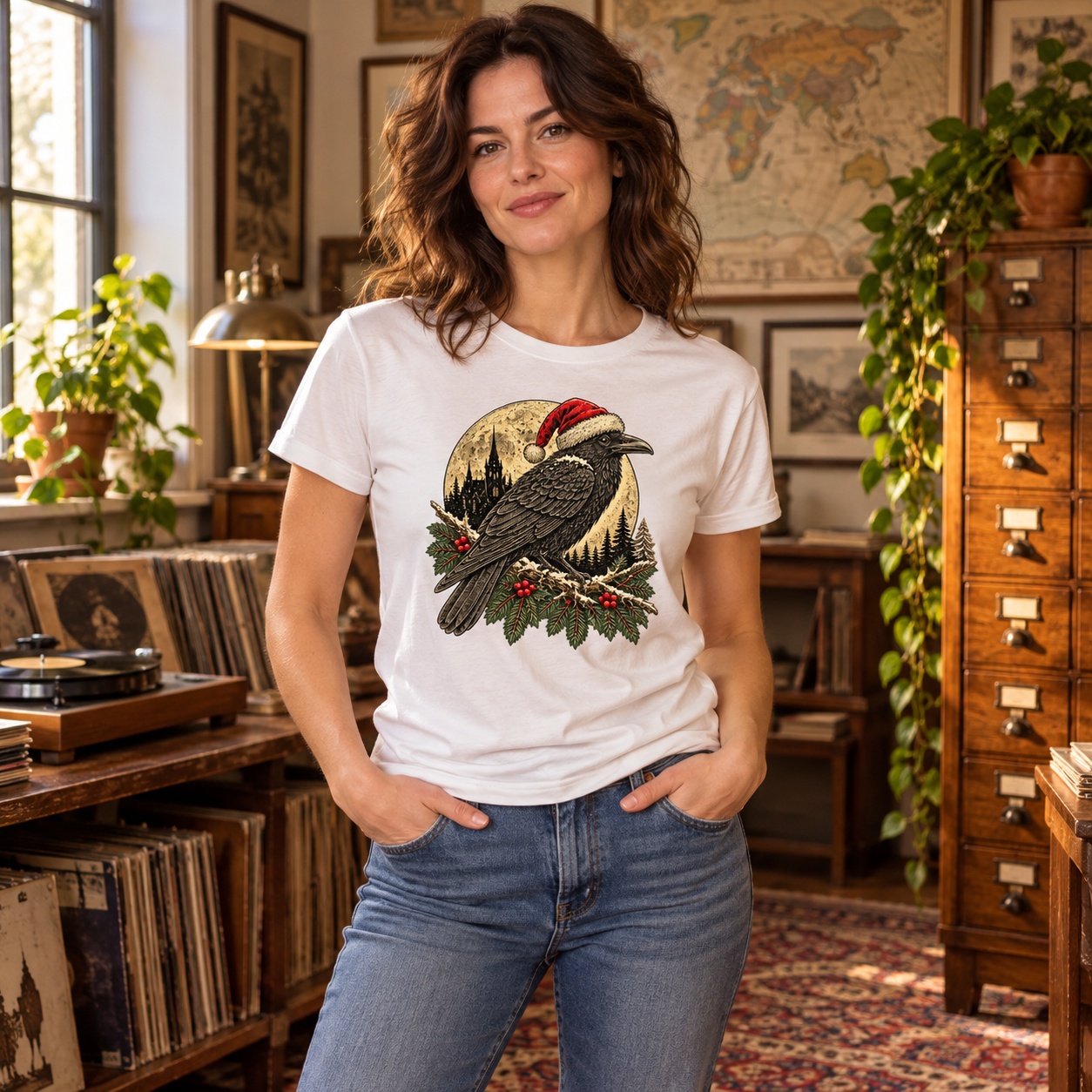 Adult model wearing the Christmas Raven Moon T-Shirt