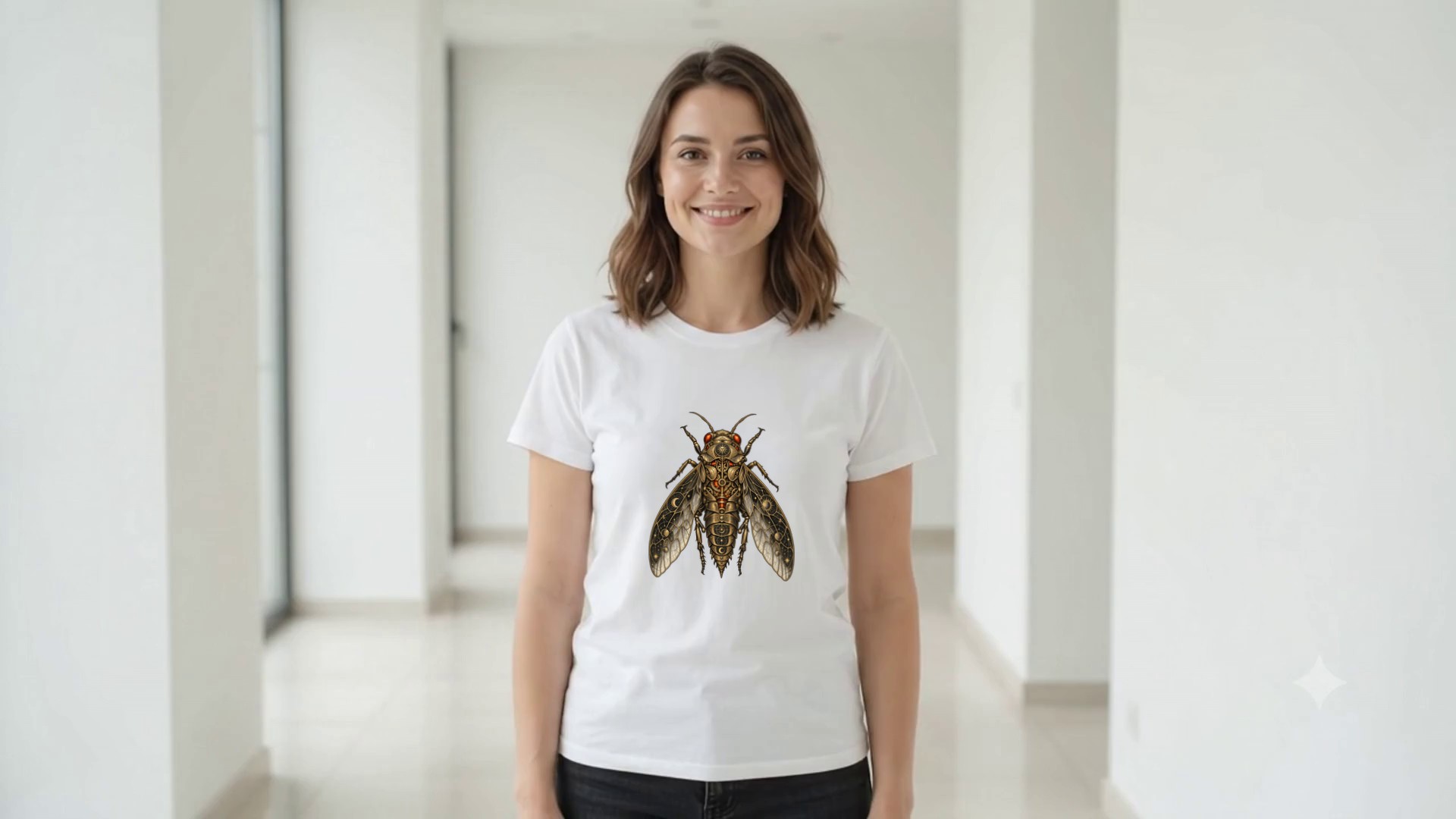 Model wearing the Clockwork Cicada T-Shirt
