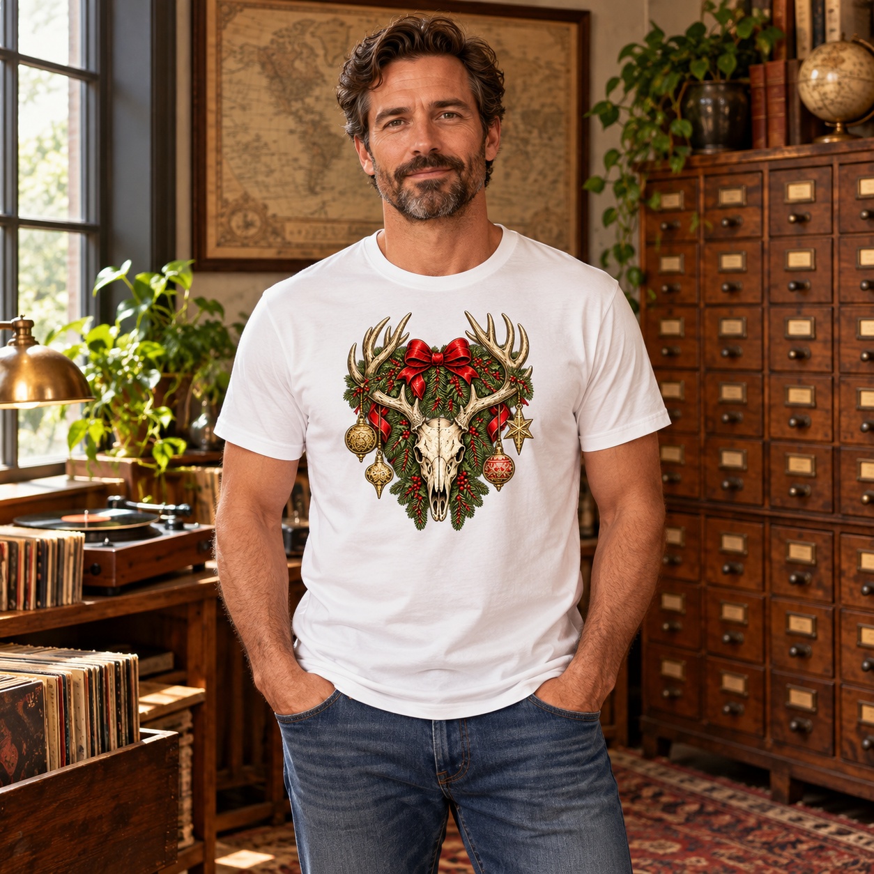 Adult model wearing the Deer Skull Christmas Wreath T-Shirt