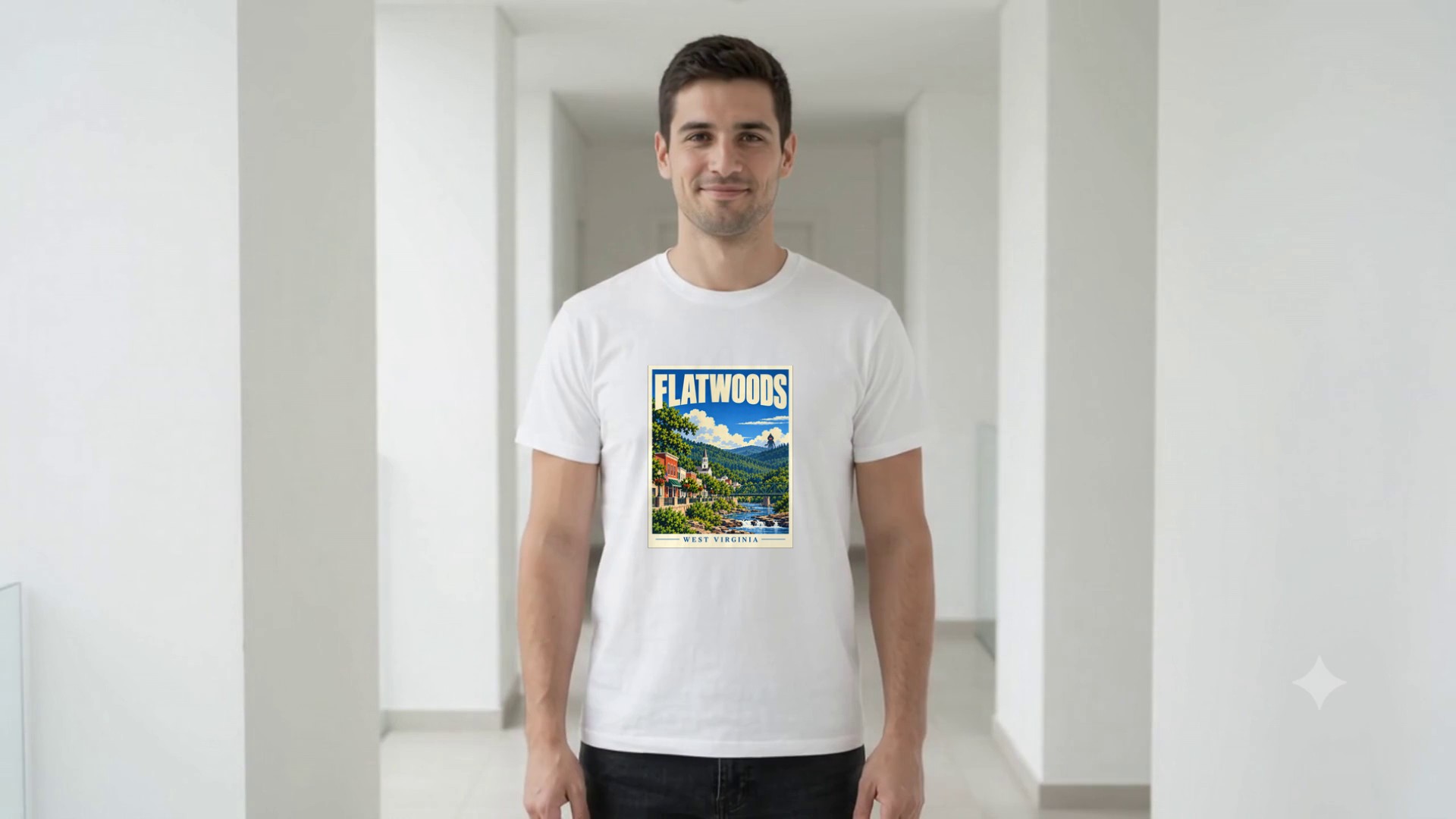 Model wearing the Flatwoods West Virginia Travel Poster T-Shirt