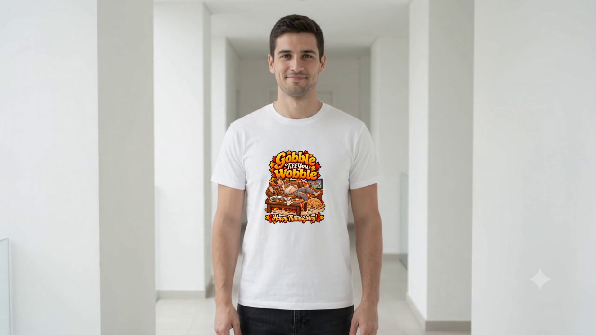 Model wearing the Gobble Till You Wobble Couch Nap T-Shirt