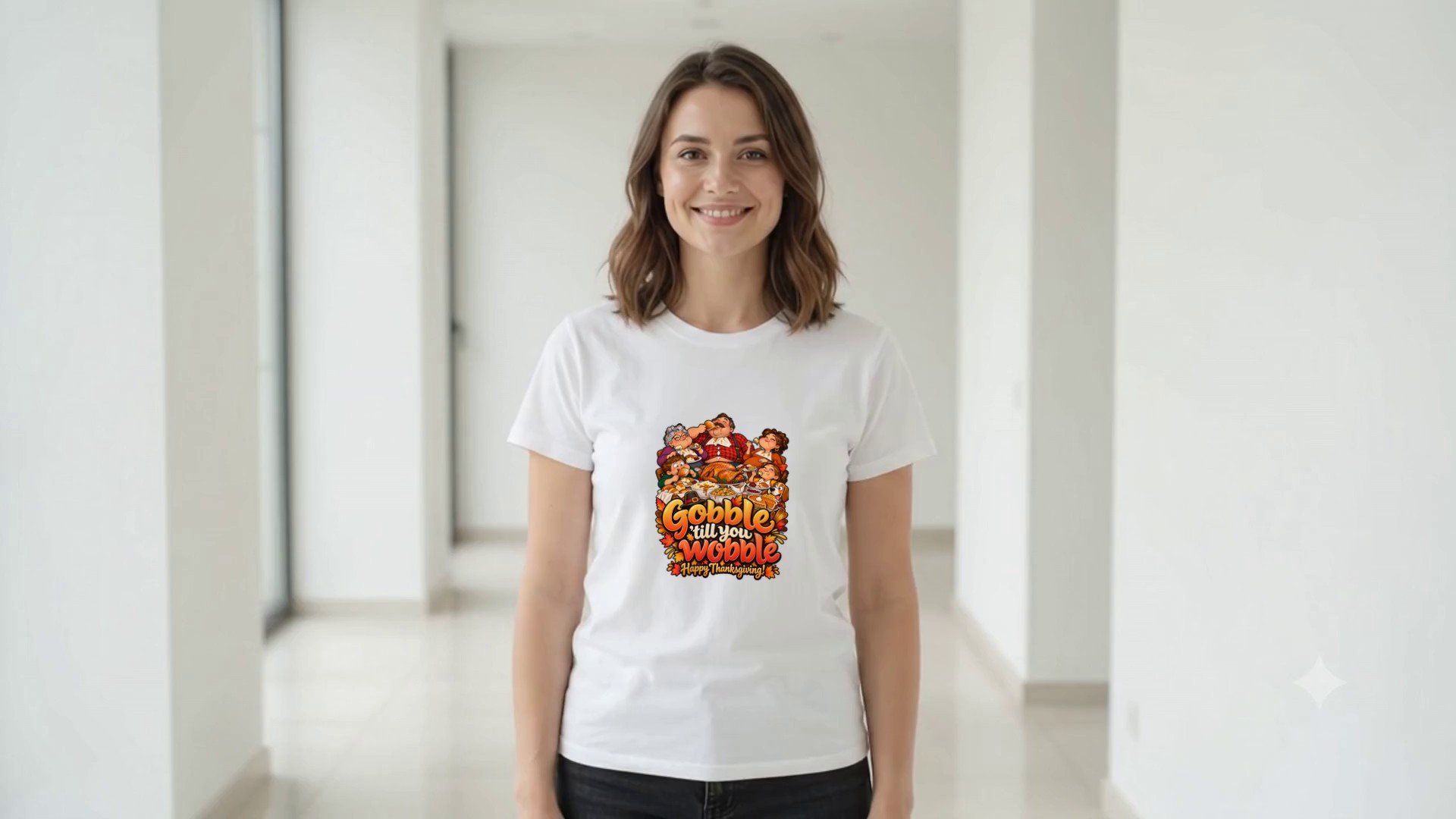 Model wearing the Gobble Till You Wobble Family Feast T-Shirt