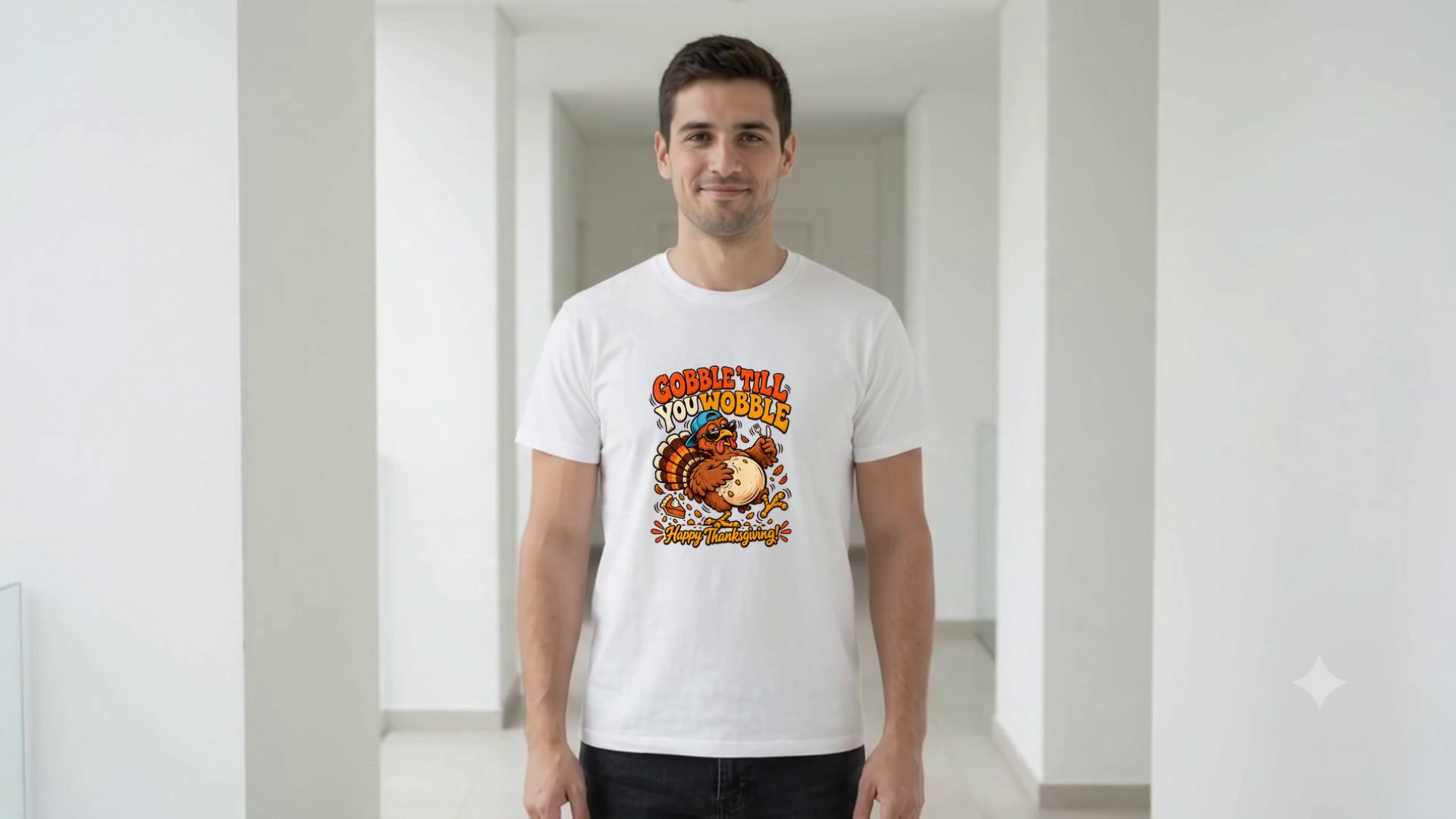 Model wearing the Gobble Till You Wobble Turkey T-Shirt