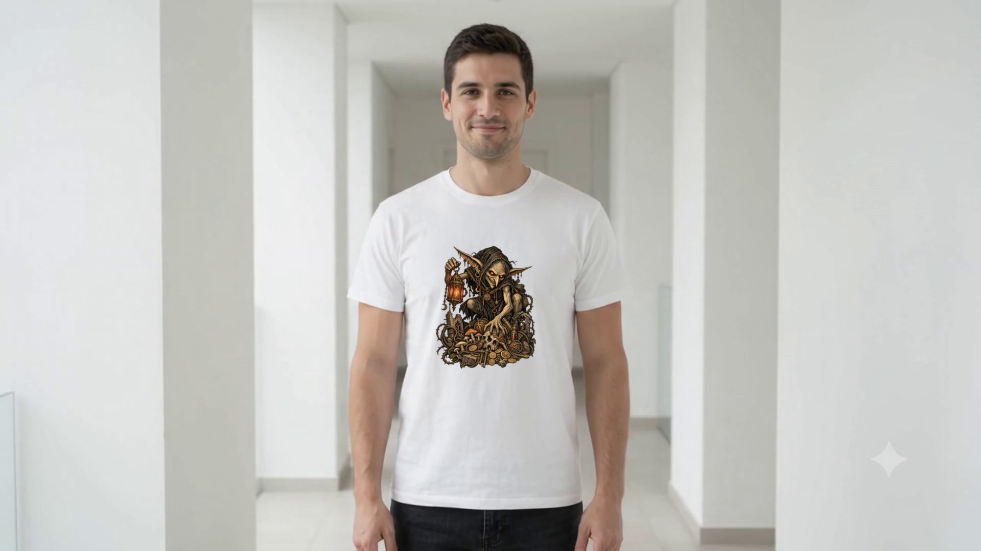 Model wearing the Goblin with Lantern T-Shirt