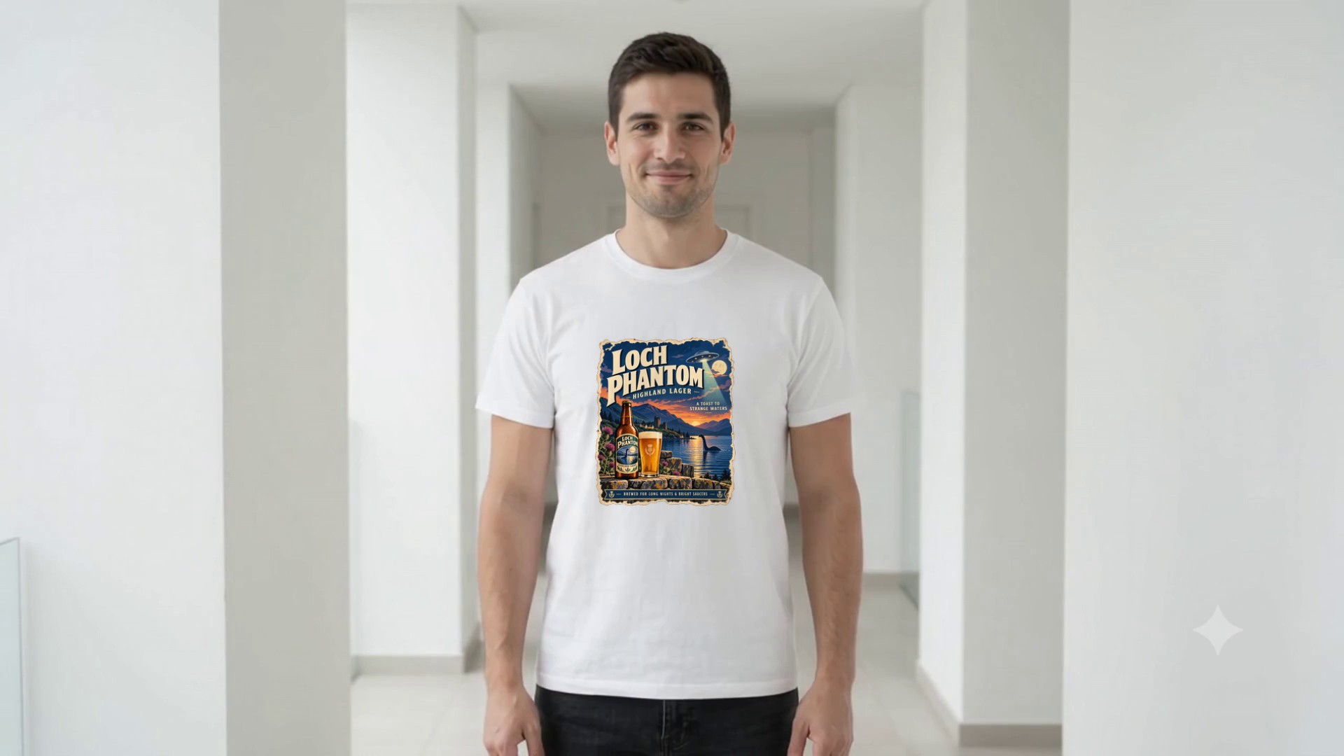 Model wearing the Loch Phantom Highland Lager T-Shirt
