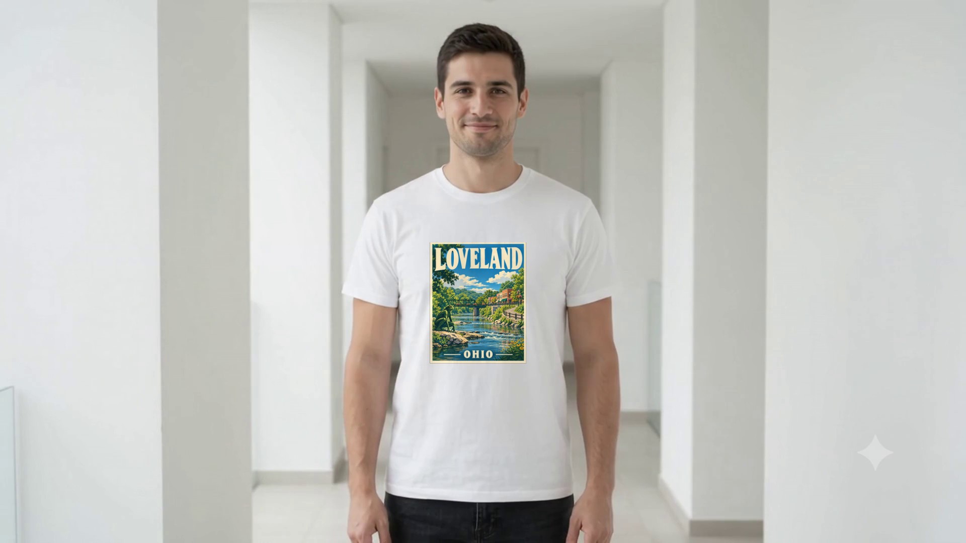 Model wearing the Loveland Ohio Travel Poster T-Shirt