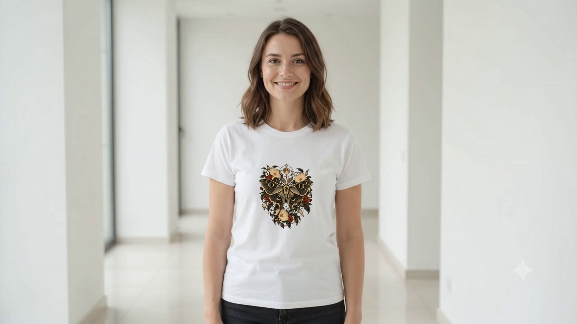 Model wearing the Lunar Moth and Florals T-Shirt