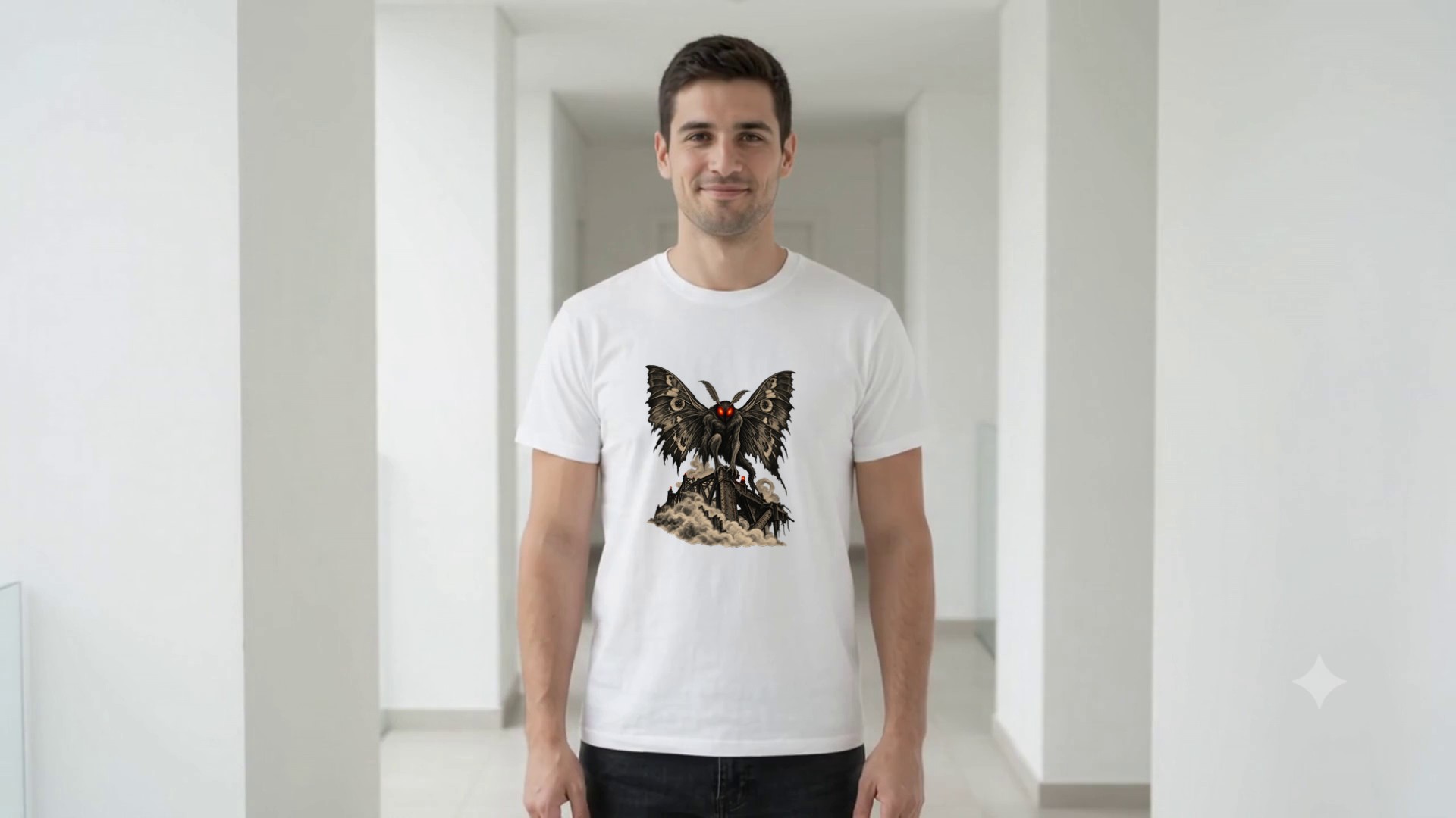 Model wearing the Mothman on the Bridge T-Shirt