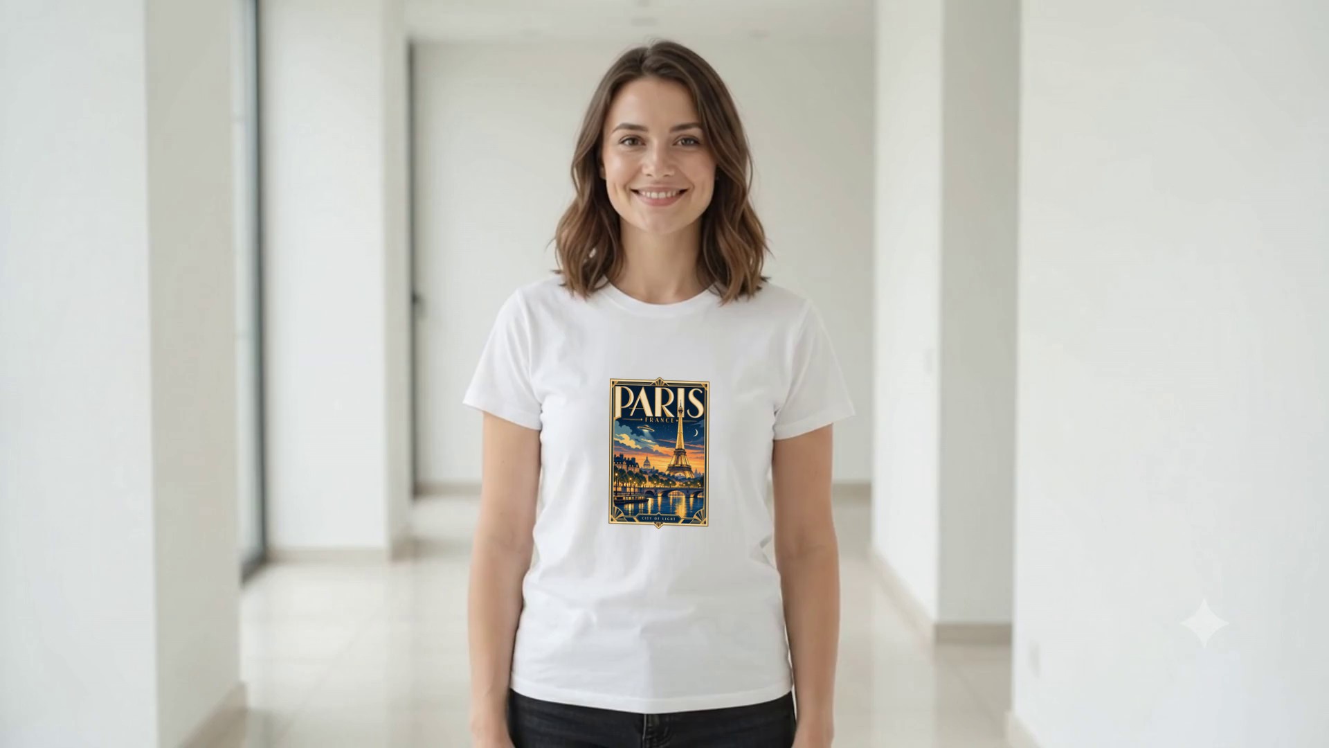 Model wearing the Paris Art Deco Poster T-Shirt