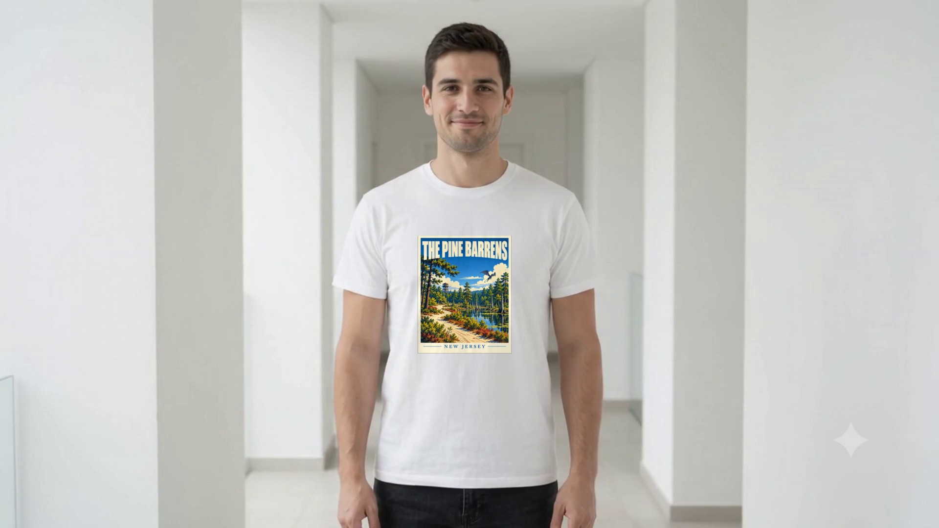 Model wearing the Pine Barrens New Jersey Travel Poster T-Shirt