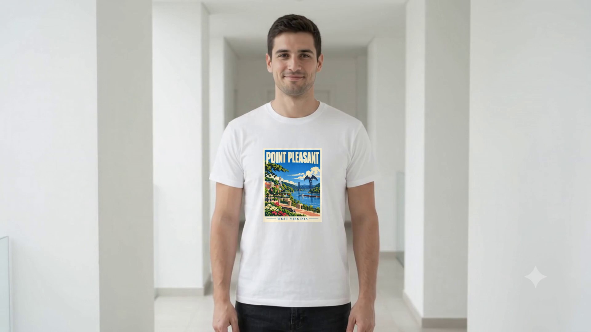 Model wearing the Point Pleasant West Virginia Travel Poster T-Shirt