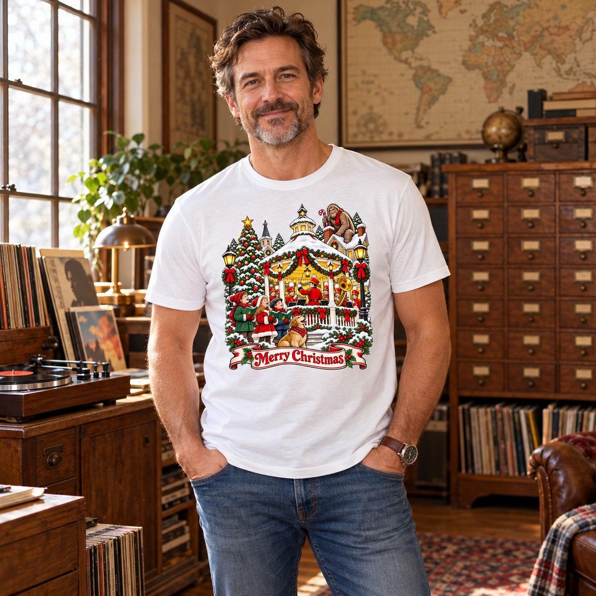 Adult model wearing the Retro Bandstand Bigfoot T-Shirt