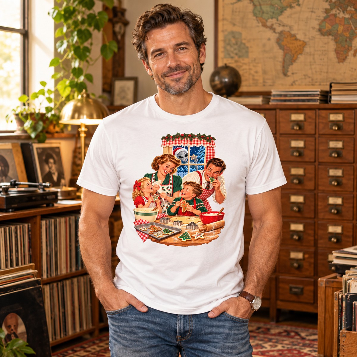 Adult model wearing the Retro Cookie Baking Alien T-Shirt