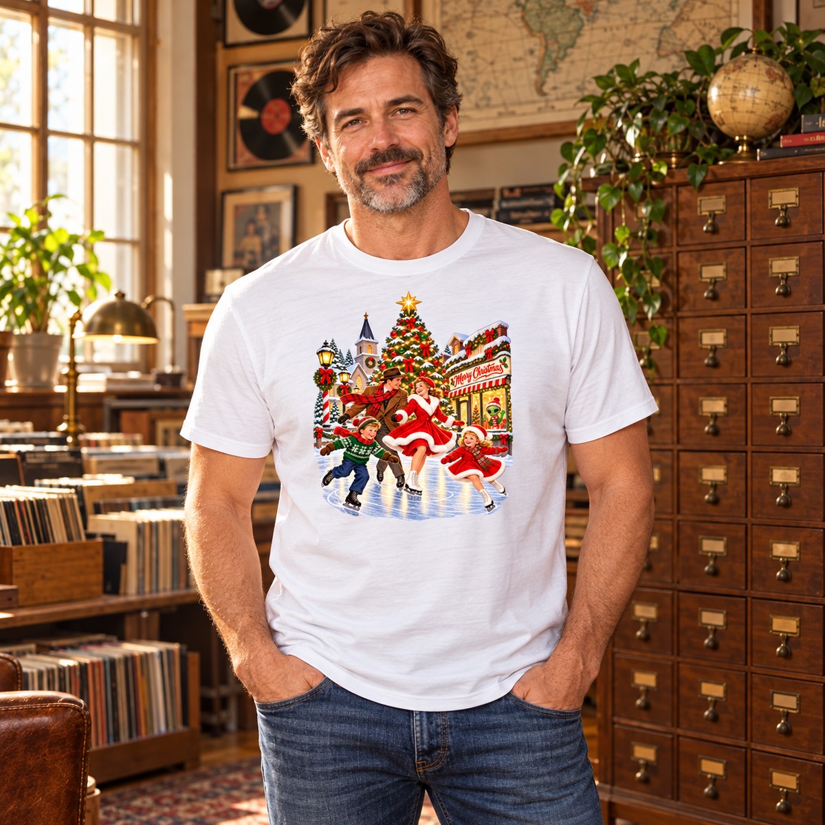 Adult model wearing the Retro Ice Skating Alien T-Shirt