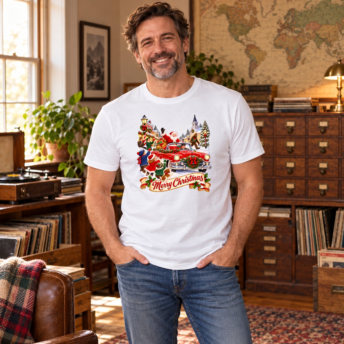 Adult model wearing the Retro Santa Parade Bigfoot T-Shirt