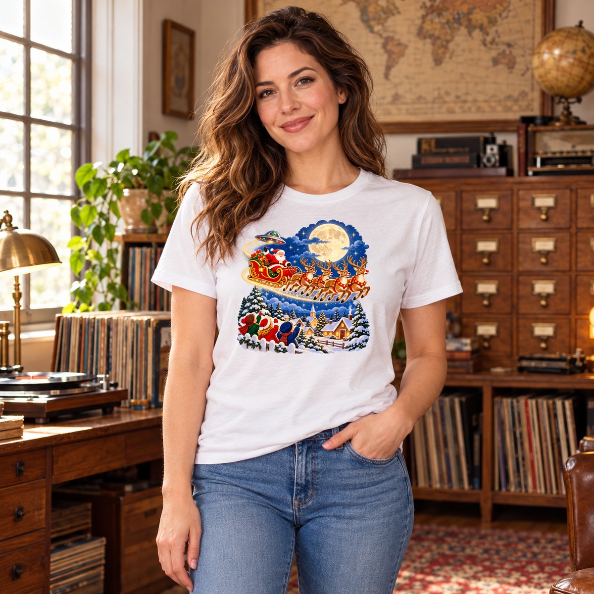 Adult model wearing the Retro Santa Sleigh UFO T-Shirt