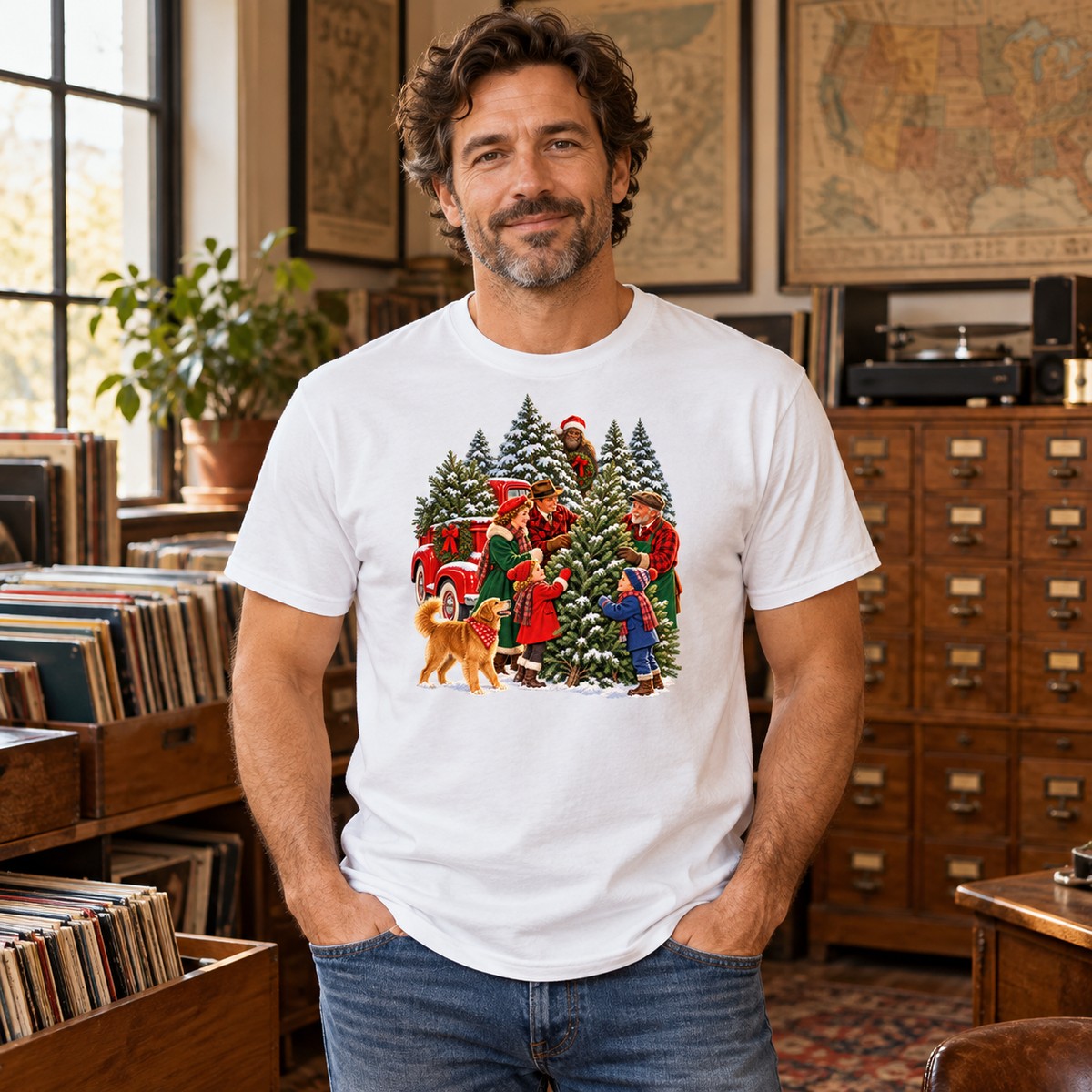 Adult model wearing the Retro Tree Lot Bigfoot T-Shirt