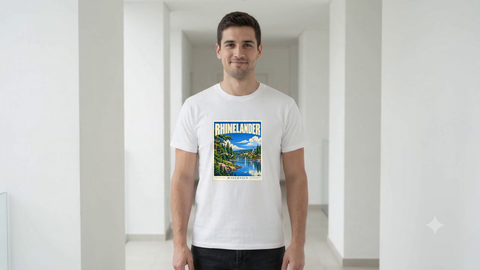 Model wearing the Rhinelander Wisconsin Travel Poster T-Shirt
