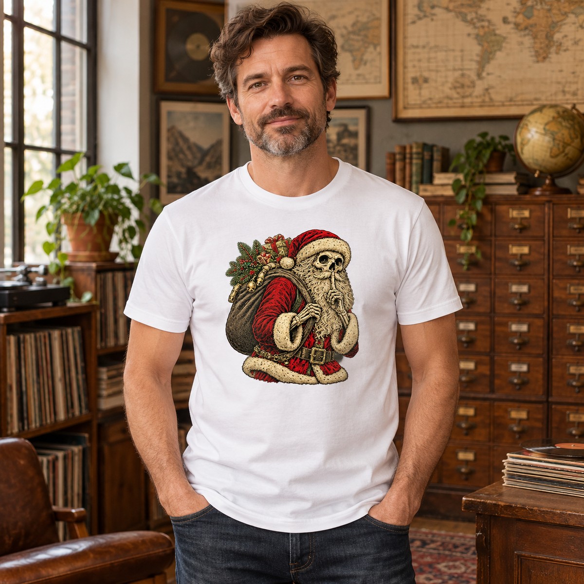 Adult model wearing the Skeleton Santa Shush T-Shirt