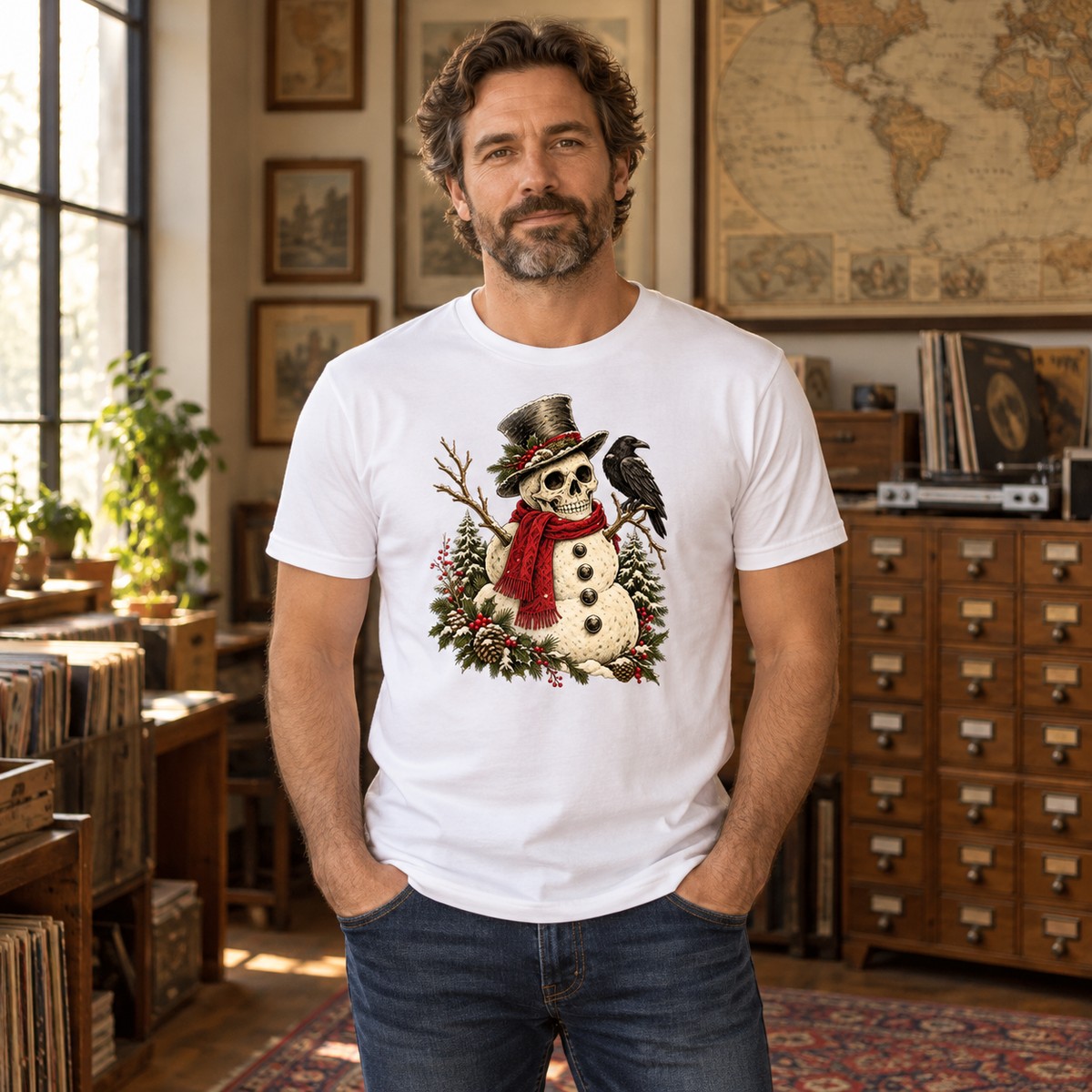 Adult model wearing the Skeleton Snowman Raven T-Shirt