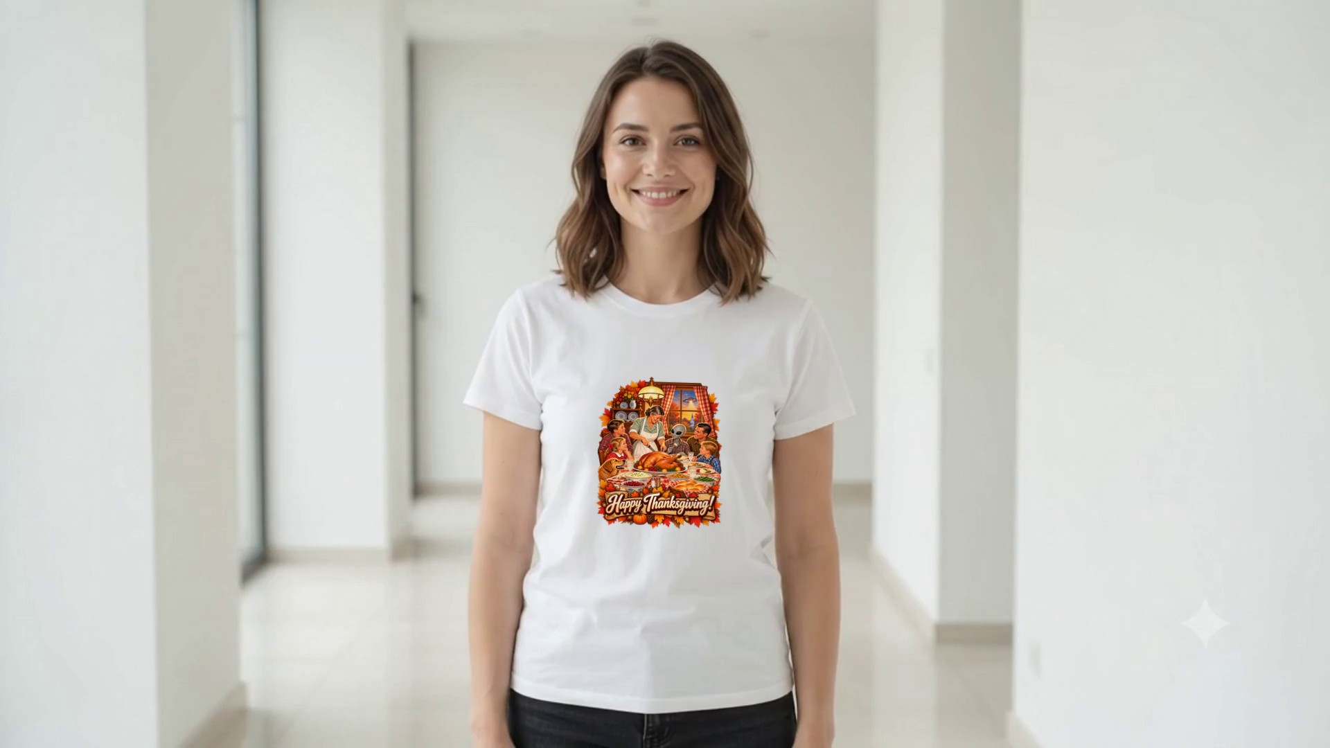 Model wearing the Thanksgiving Alien Dinner T-Shirt