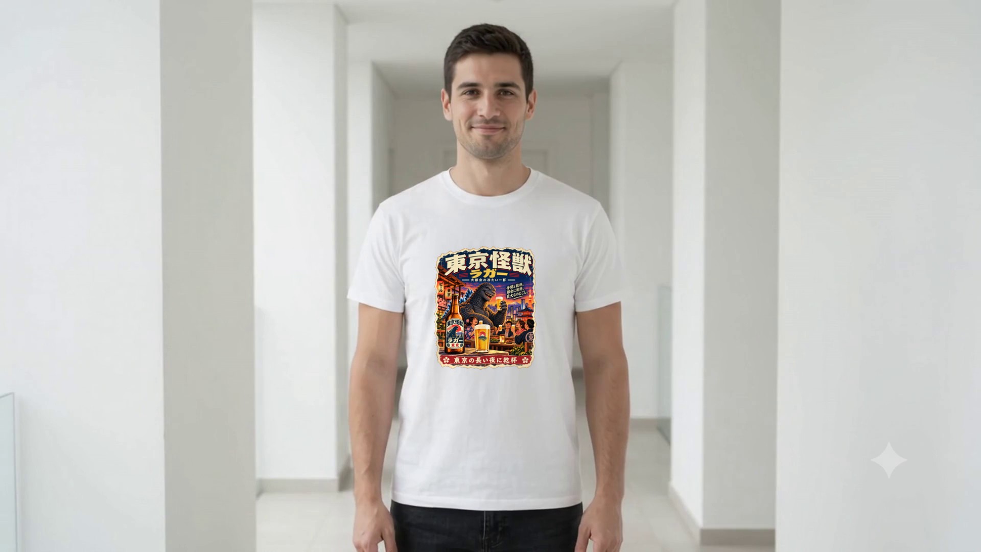 Model wearing the Tokyo Kaiju Lager T-Shirt