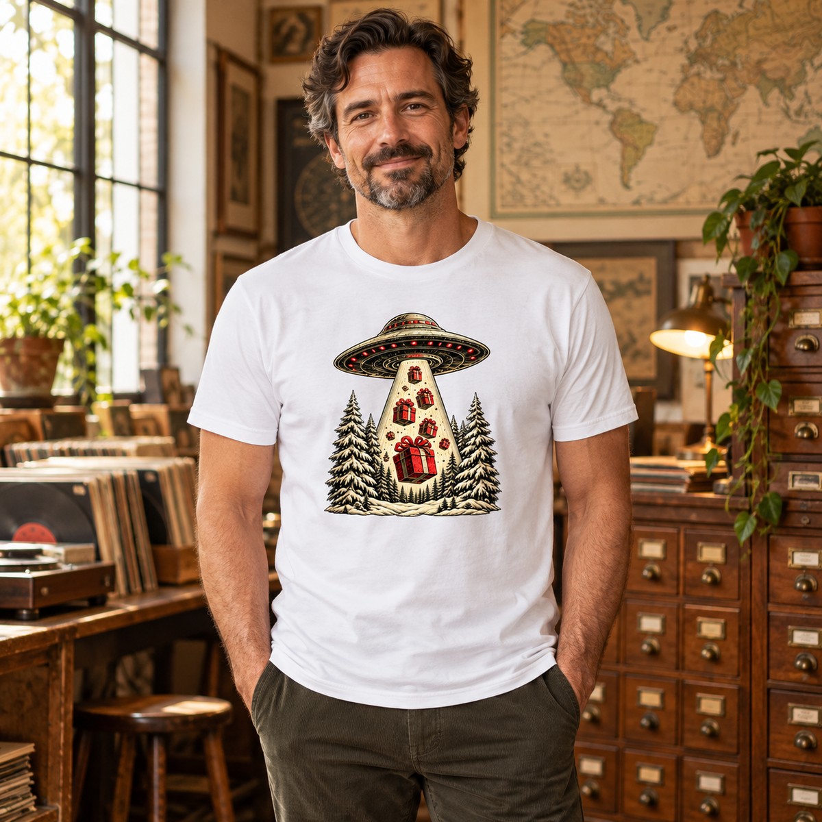 Adult model wearing the UFO Gift Abduction T-Shirt